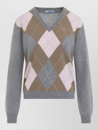 Prada Argyle-pattern V-neck Cashmere Sweater In Gray