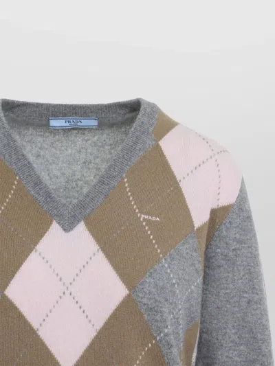 Prada Argyle-pattern V-neck Cashmere Sweater In Gray