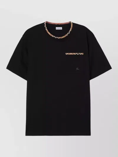 Burberry Cotton Logo T-shirt With Checkered Trim And Chest Pocket In Black