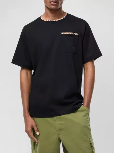 Burberry Cotton Logo T-shirt With Checkered Trim And Chest Pocket In Black