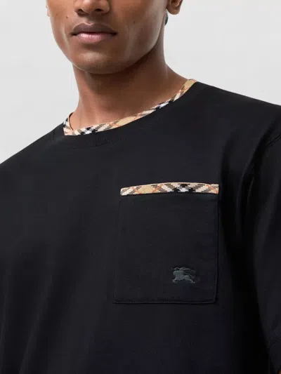 Burberry Cotton Logo T-shirt With Checkered Trim And Chest Pocket In Black