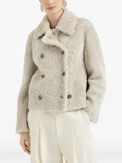 Brunello Cucinelli Double-breasted Shearling Jacket In Neutral
