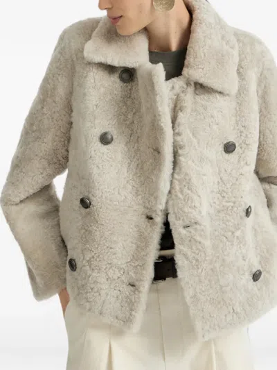 Brunello Cucinelli Double-breasted Shearling Jacket In Neutral