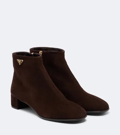 Prada Logo Suede Ankle Boots In Brown