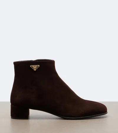 Prada Logo Suede Ankle Boots In Brown