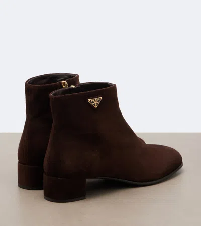 Prada Logo Suede Ankle Boots In Brown