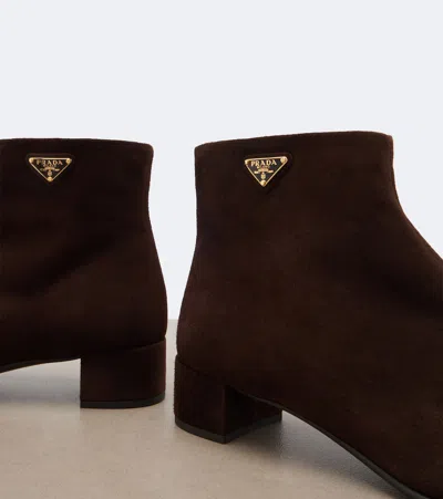 Prada Logo Suede Ankle Boots In Brown