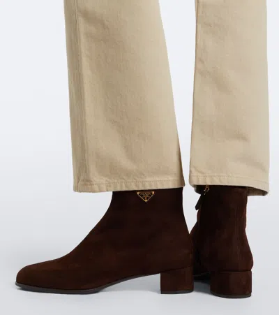 Prada Logo Suede Ankle Boots In Brown