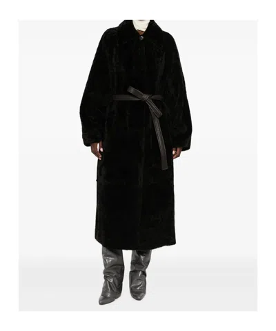 Blancha Belted Shearling Coat In Black