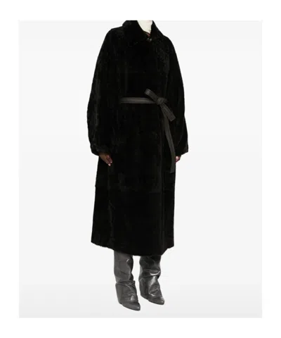 Blancha Belted Shearling Coat In Black
