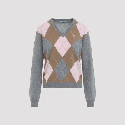 Prada Argyle-pattern V-neck Cashmere Sweater In Gray