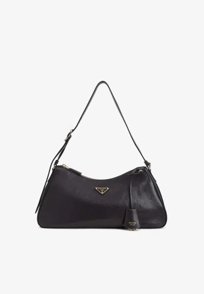 Prada Shoulder Bag Smooth Finish Adjustable Strap In Black