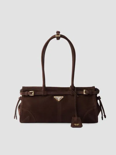 Prada Suede Shoulder Handbag With Adjustable Strap In Brown