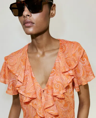 Mango Ruffles Printed Blouse In Orange
