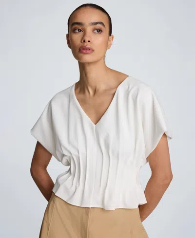 Kenneth Cole Pleated V-neck Pullover Top In White