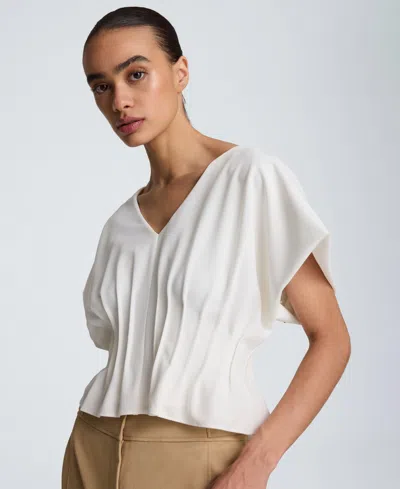 Kenneth Cole Pleated V-neck Pullover Top In White