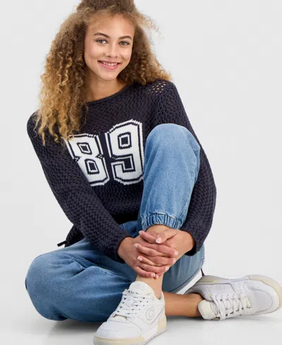 Hooked Up By Iot Juniors' Open-stitch Varsity Sweater In Multi