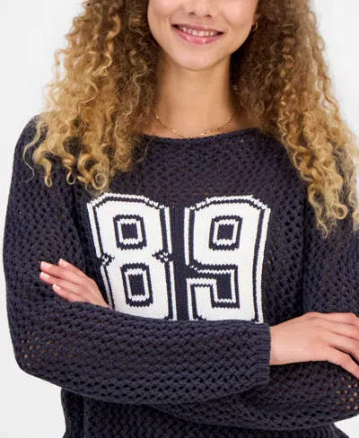 Hooked Up By Iot Juniors' Open-stitch Varsity Sweater In Multi