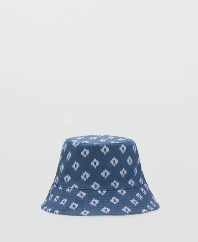 Mango Printed 100% Linen Hat In Blue