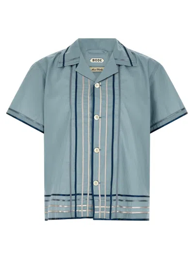 Bode Striped Cotton Bowling Shirt With Cuban Collar And Short Sleeves In Blue