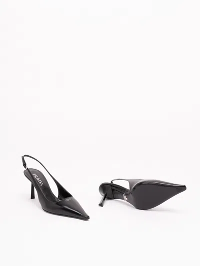 Prada Leather Pumps Slingback Pointed Toe Stiletto In Black
