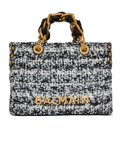 Balmain Small Soft 1945 Tote Bag In Tweed In Blue