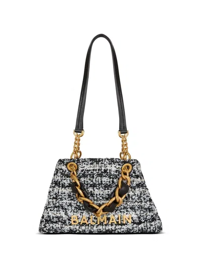Balmain Small Soft 1945 Tote Bag In Tweed In Blue