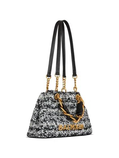 Balmain Small Soft 1945 Tote Bag In Tweed In Blue
