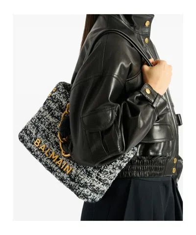 Balmain Small Soft 1945 Tote Bag In Tweed In Blue
