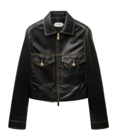 Versace Leather Collared Coat Front Pockets Stitching In Black