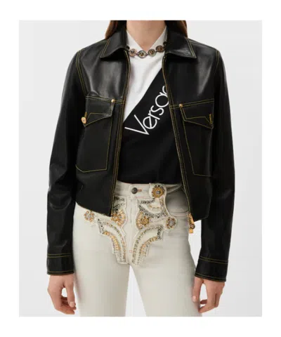 Versace Leather Collared Coat Front Pockets Stitching In Black