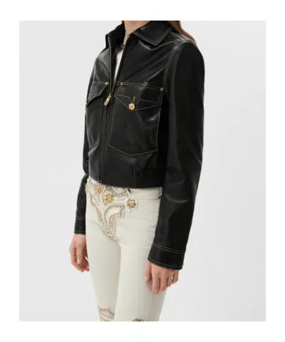 Versace Leather Collared Coat Front Pockets Stitching In Black