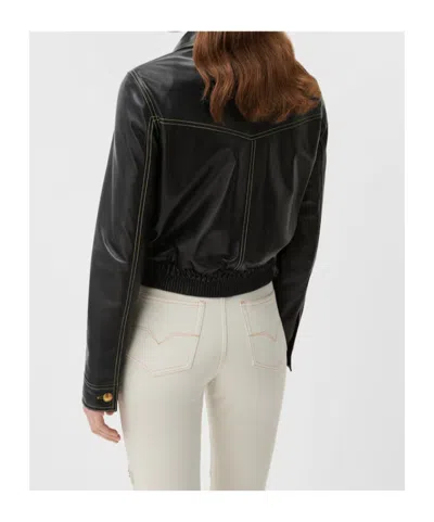 Versace Leather Collared Coat Front Pockets Stitching In Black