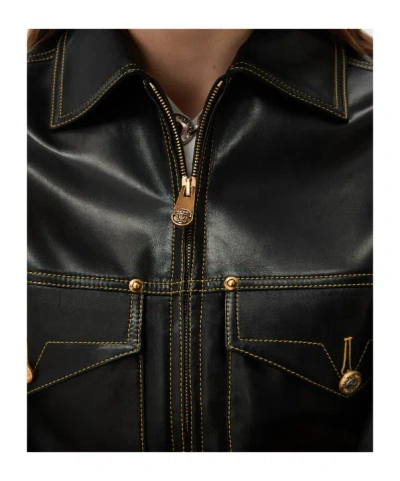 Versace Leather Collared Coat Front Pockets Stitching In Black