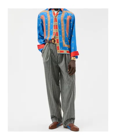 Versace Pinstripe Wool Oversized Pants In Gray