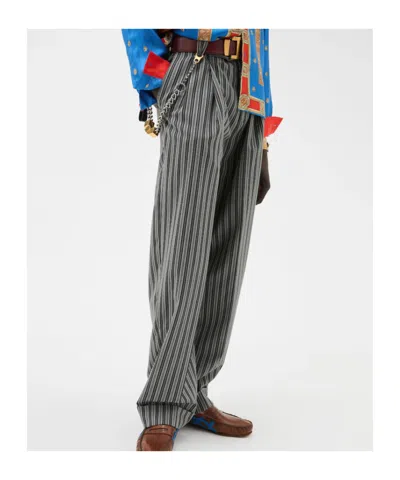 Versace Pinstripe Wool Oversized Pants In Gray