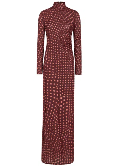 Stella Mccartney Turtleneck Polka Dot Mesh Long-sleeve Maxi Dress In Burgundy