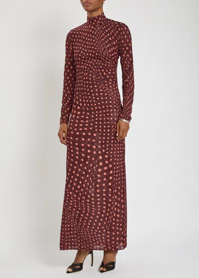 Stella Mccartney Turtleneck Polka Dot Mesh Long-sleeve Maxi Dress In Burgundy