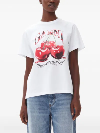 Ganni Basic Jersey Cherry Relaxed T-shirt In White