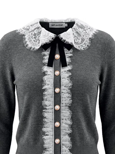 Self-portrait Self Portrait Knitted Wool Cardigan With Lace Collar In Grey In Gray