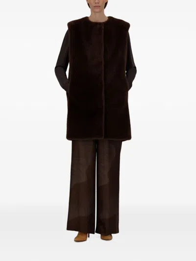 Herno Mid-length Faux Fur Vest With Concealed Closure And Welt Pockets In Brown