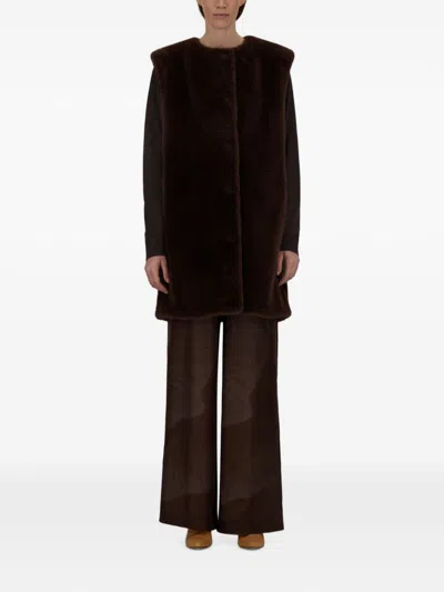 Herno Mid-length Faux Fur Vest With Concealed Closure And Welt Pockets In Brown