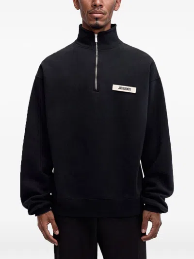 Jacquemus High Neck Zip Sweatshirt With Logo Detail And Gathered Cuffs In Black