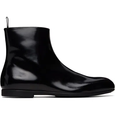 Jil Sander Leather Ankle Boots Flat Sole Pull Tab In Black
