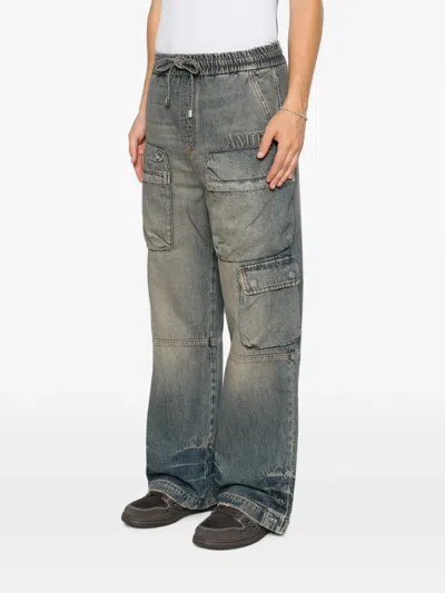 Amiri Drawstring Baggy Denim Cargo Pants In Blue