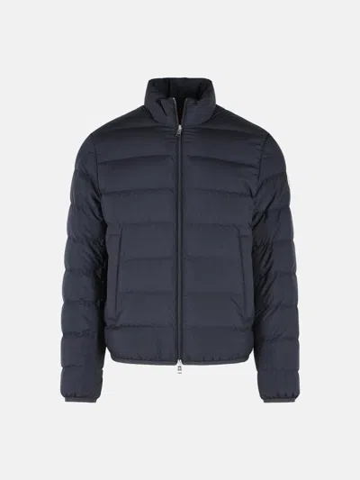 Moncler Quilted Down Jacket With High Collar And Logo Patch In Blue