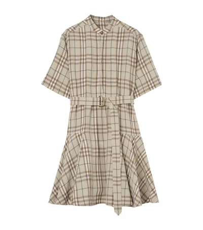 Burberry Short-sleeve Check Linen-blend Belted Mini Shirtdress In Multi