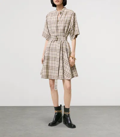 Burberry Short-sleeve Check Linen-blend Belted Mini Shirtdress In Multi
