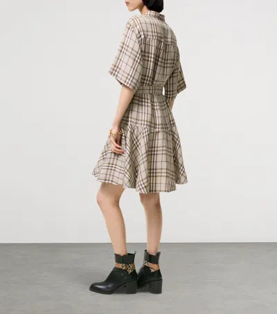 Burberry Short-sleeve Check Linen-blend Belted Mini Shirtdress In Multi