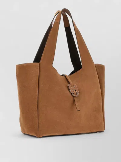 Hogan Rectangular Suede Tote Bag Top Handle Buckle In Brown